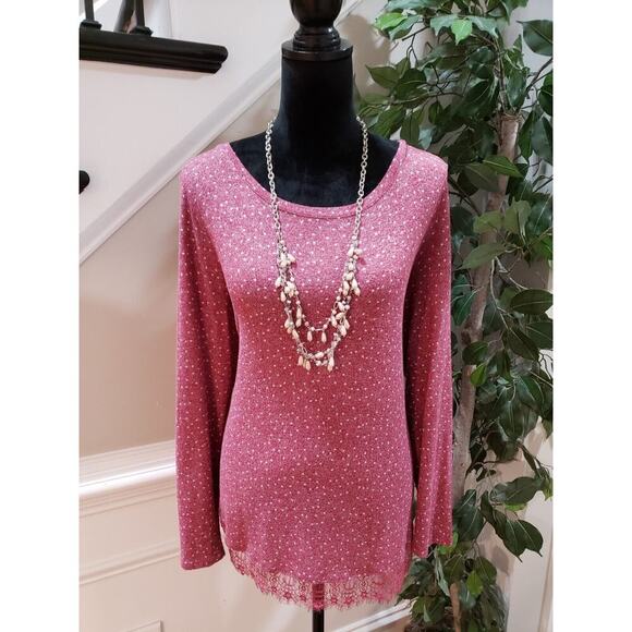 Lauren Conrad Women's Pink Polka-Dot Rayon Round Neck Long Sleeve Top Blouse L - Picture 1 of 12
